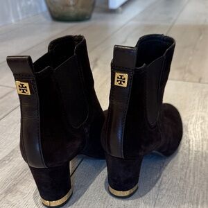Tory Burch Black Suede Ankle Boots with Gold Accents